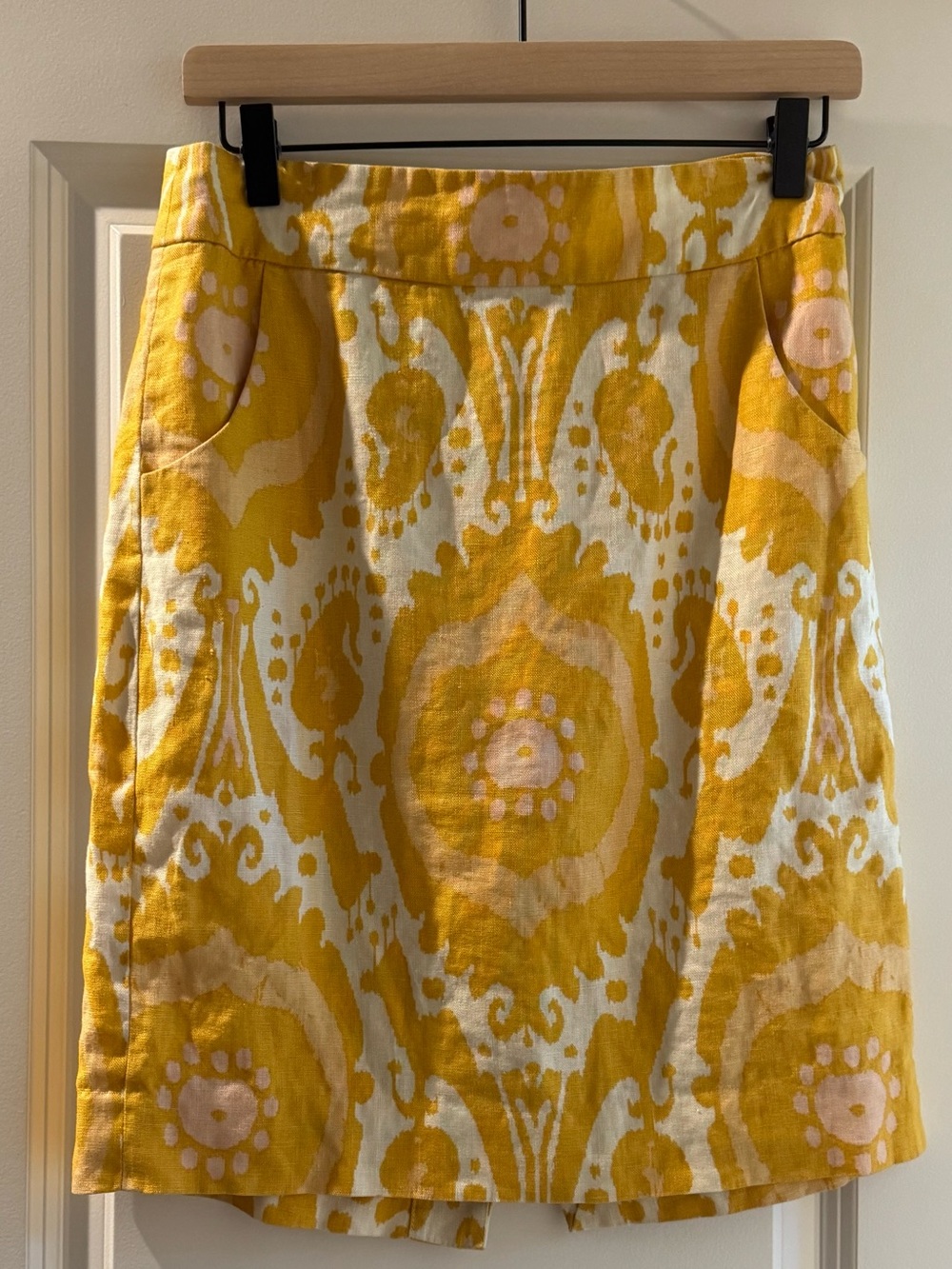 J. Crew Yellow Printed A-Line Skirt with Pale Pink Accents